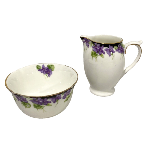 Royal Doulton Open Sugar Bowl & Creamer Violets Motif Set Made in England 1930 - Picture 9 of 13